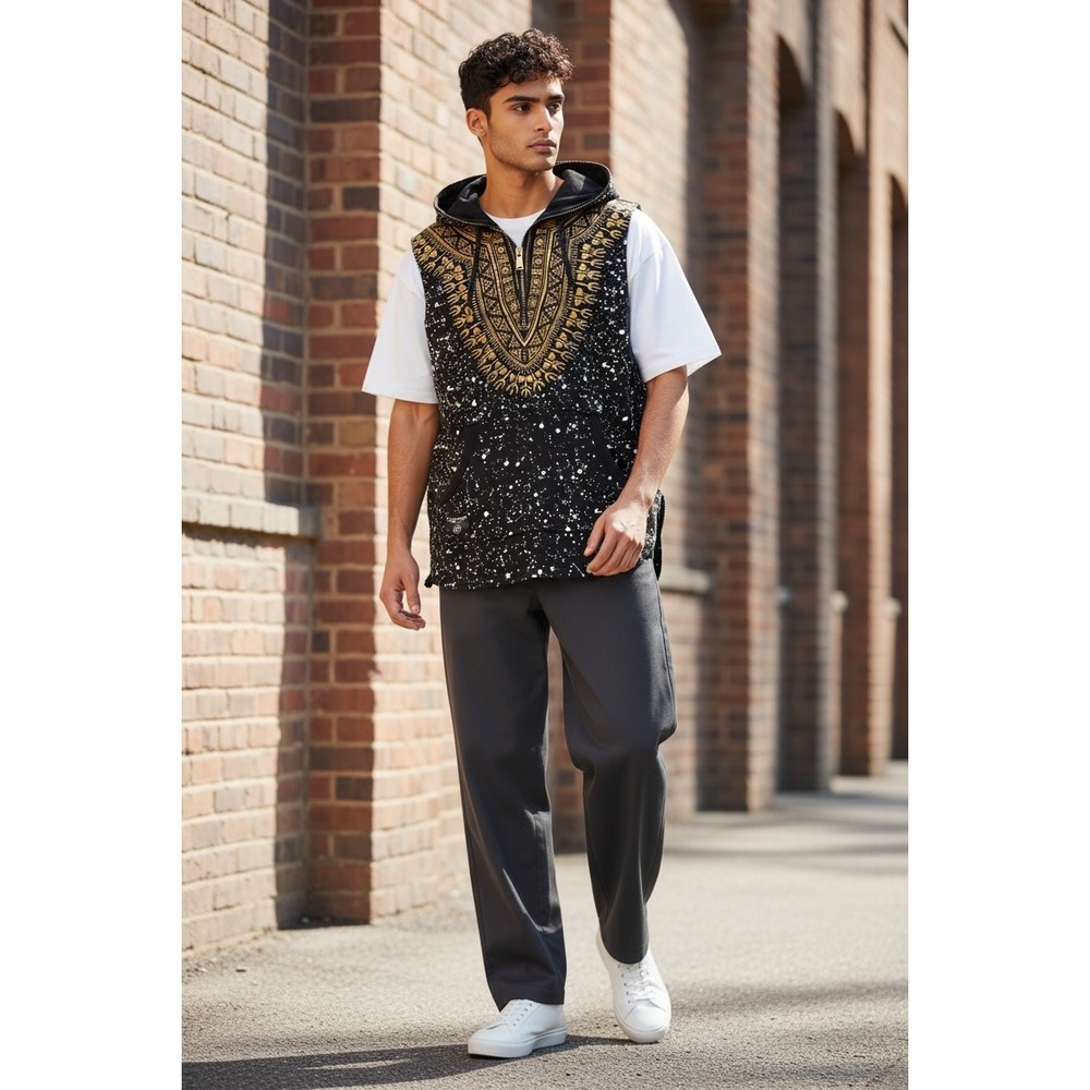Switch Remarkable Mens Black Gold Paint Splatter Dashiki Sleeveless Hoodie Small